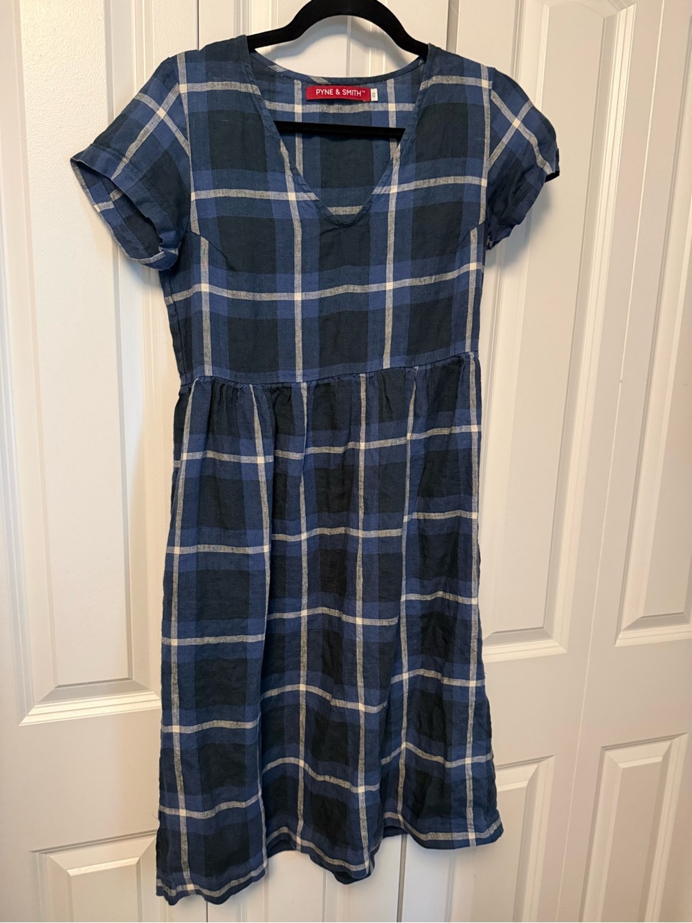 Pyne & Smith Navy Windowpane Plaid Navy Linen Dress